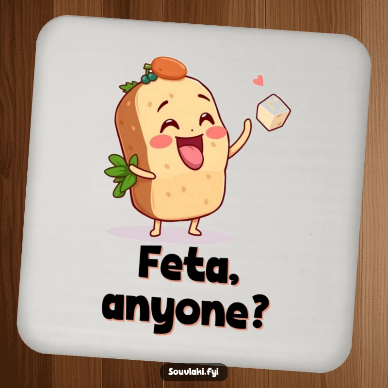 Funny Coaster: A souvlaki playfully tosses a tiny feta cube, adding humorous foodie joy to drink service.