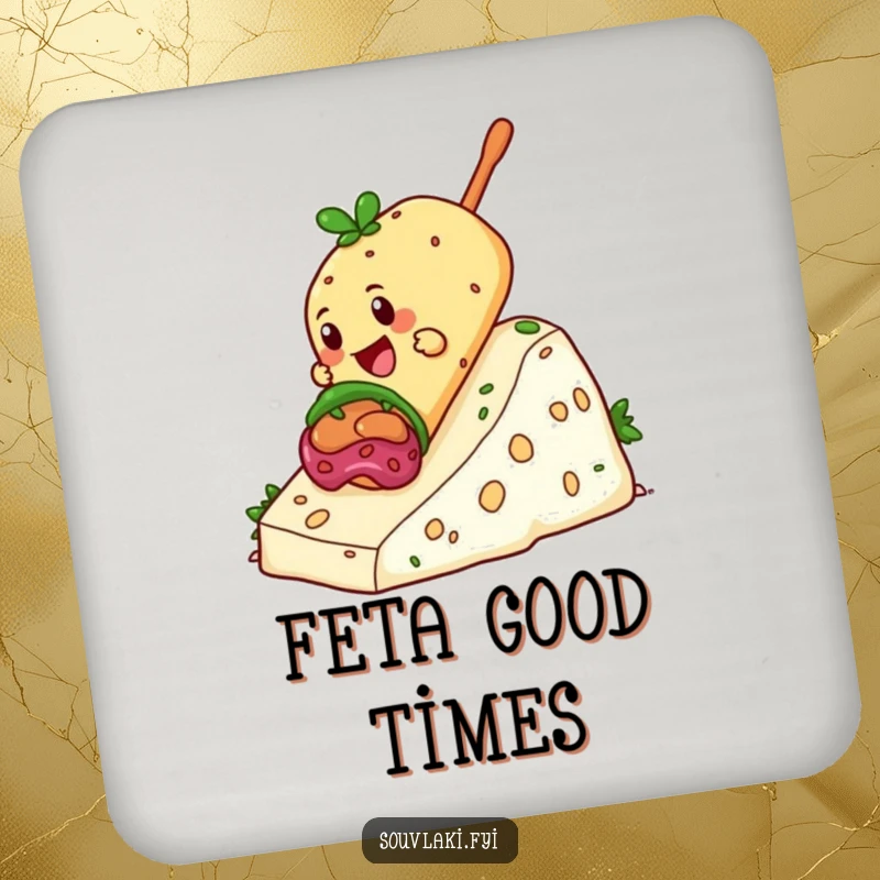 Funny Souvlaki Coasters featuring a giddy souvlaki sliding down a hill of feta cheese, adding cheesy humor to tabletops.