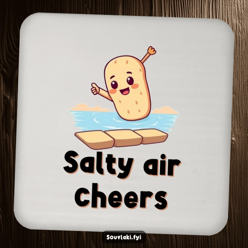 Funny drink coaster with a souvlaki character dramatically pointing towards the sea, adding a humorous and protective coastal touch.