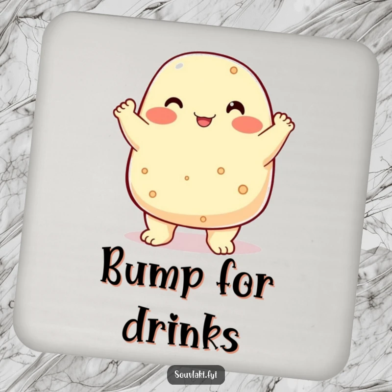 Funny chubby feta cheese character proudly chest bumping, protecting surfaces on coasters.