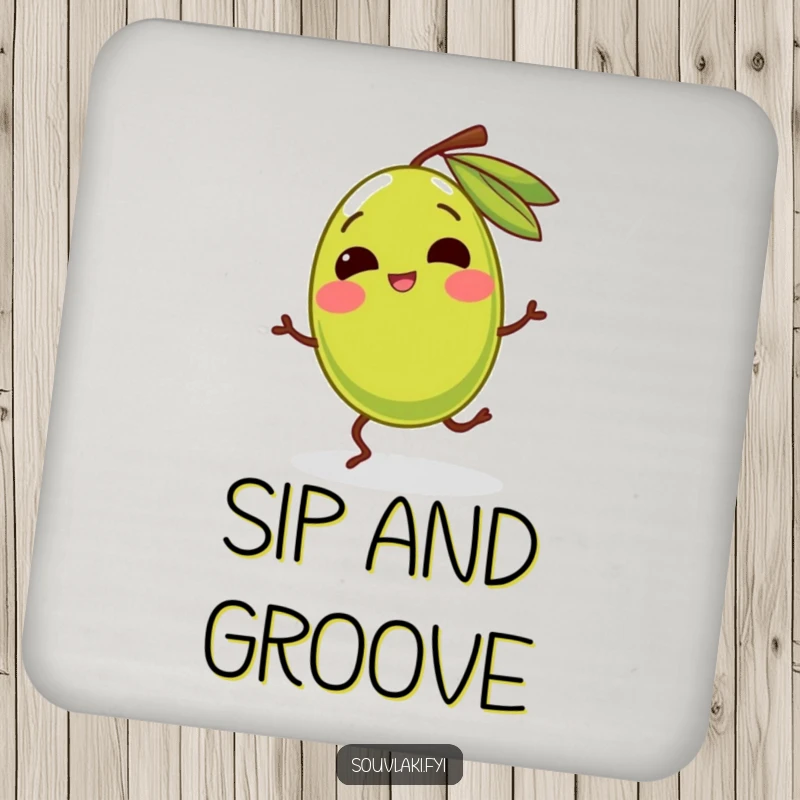 Funny olive character with legs dancing gleefully on a drink coaster. A charming and humorous accent, perfect as a funny gift.
