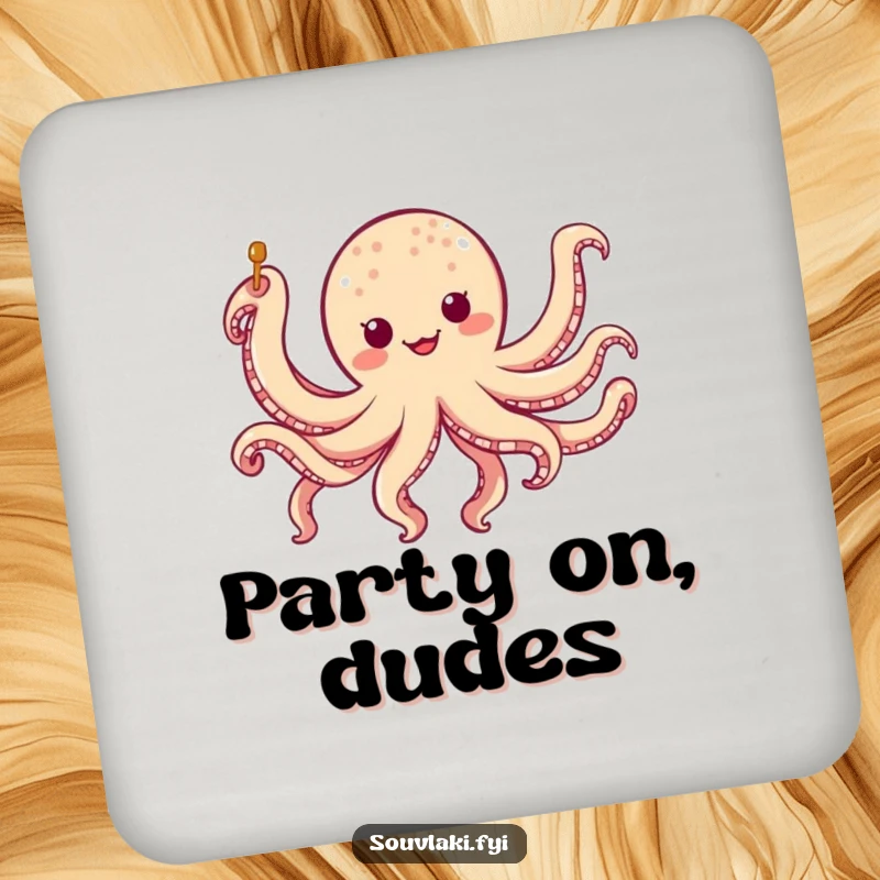 Funny chubby octopus skewer coasters with a character doing a silly eight-legged jig, protecting surfaces with humor funny gift.