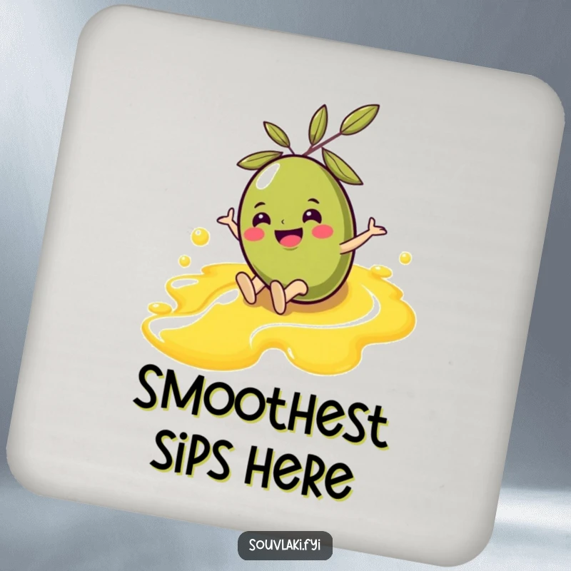 Funny Olive Drink Coaster: A cheerful olive character slides down an olive oil stream, adding a humorous and protective element to your tables.