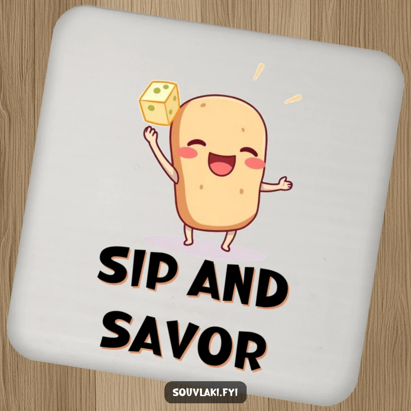 Funny souvlaki character drink coaster playfully tossing a feta cube, adding a humorous and protective element for Greek food lovers.