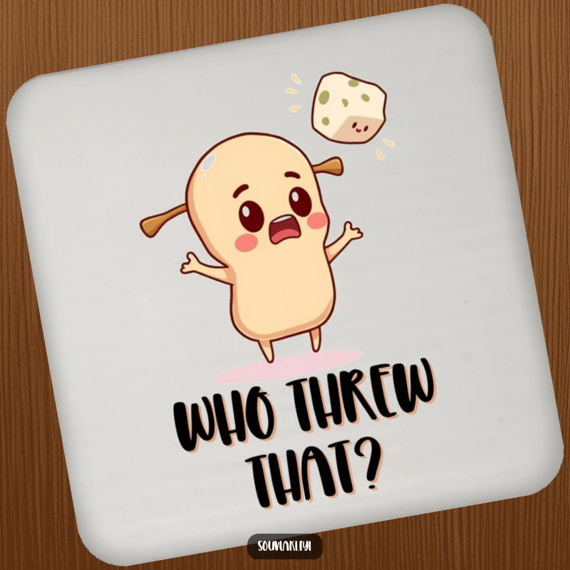 Funny Drink Coaster: Souvlaki character comically surprised by a flying feta cube.