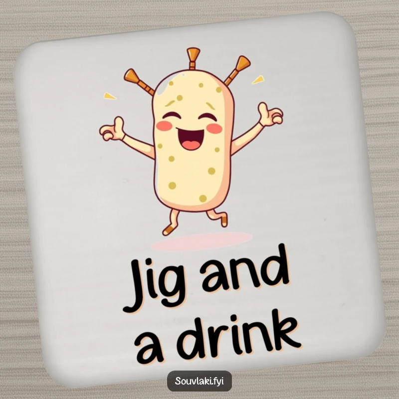 Funny souvlaki coaster featuring a winking Greek food character doing a triumphant jig, protecting surfaces with a dose of culinary humor.