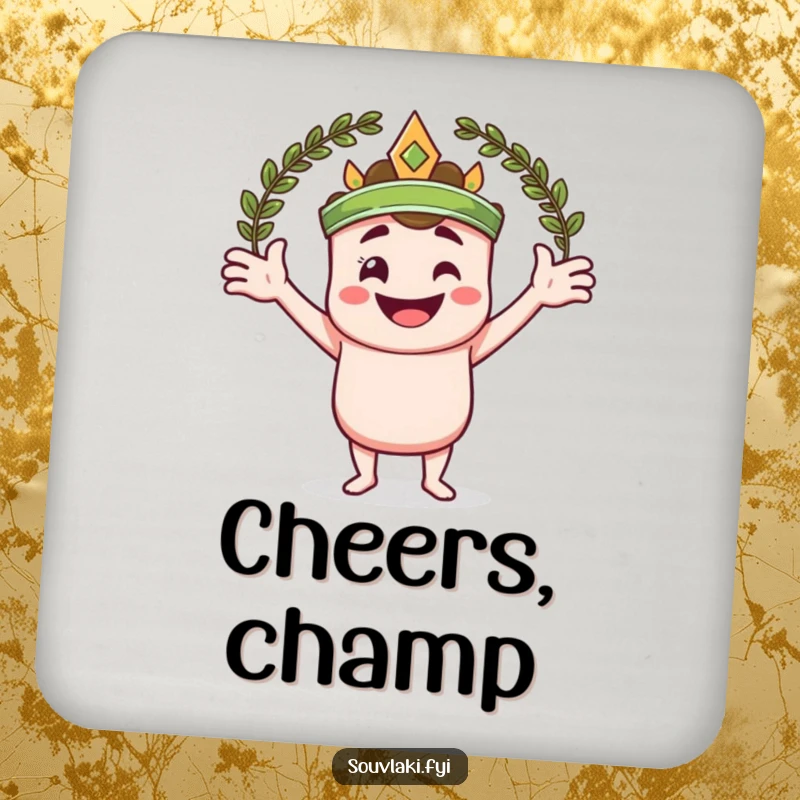 Funny drink coaster featuring a smiling souvlaki skewer character with arms wide, embracing a laurel wreath.