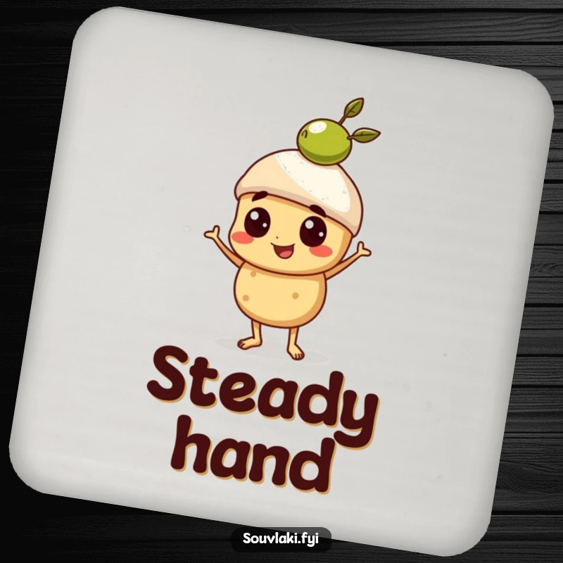 Funny Coaster featuring a proud souvlaki character balancing a tiny olive, a testament to culinary precision.