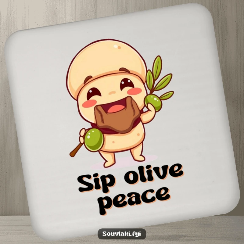 Funny Souvlaki Coasters featuring a souvlaki offering an olive branch, protecting tables with Greek humor.