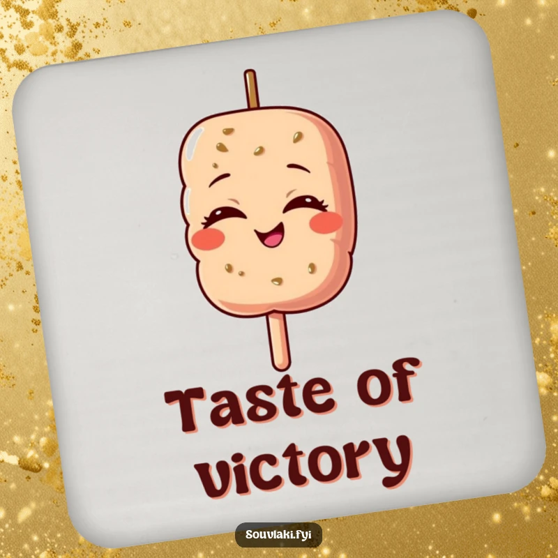 Funny drink coaster featuring a souvlaki skewer character with eyes closed, beaming with immense pride.