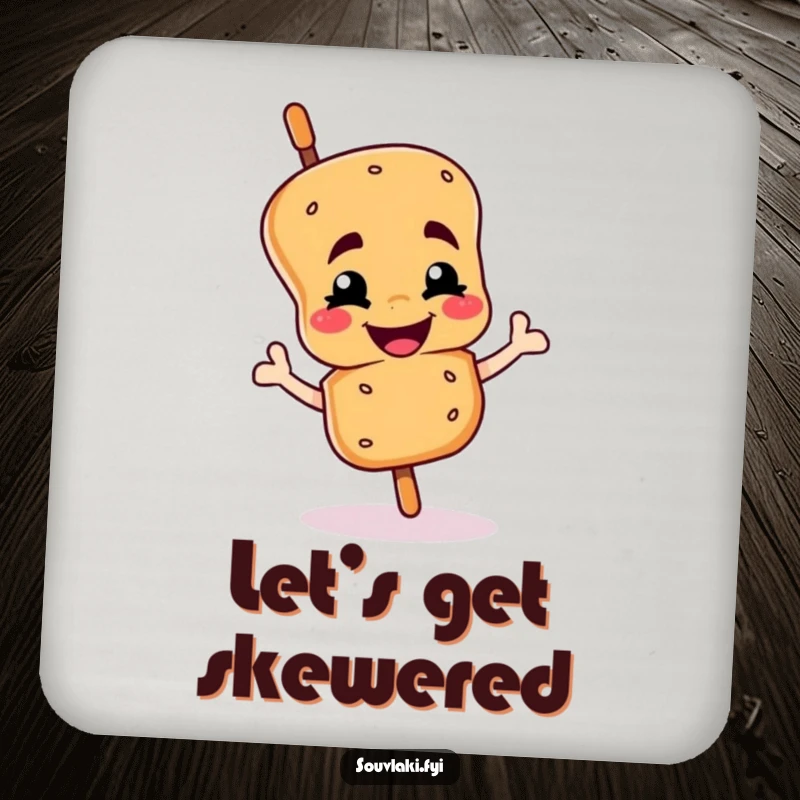 Funny souvlaki skewer coasters with a smiling character giving a proud wink, protecting surfaces with humor funny gift.