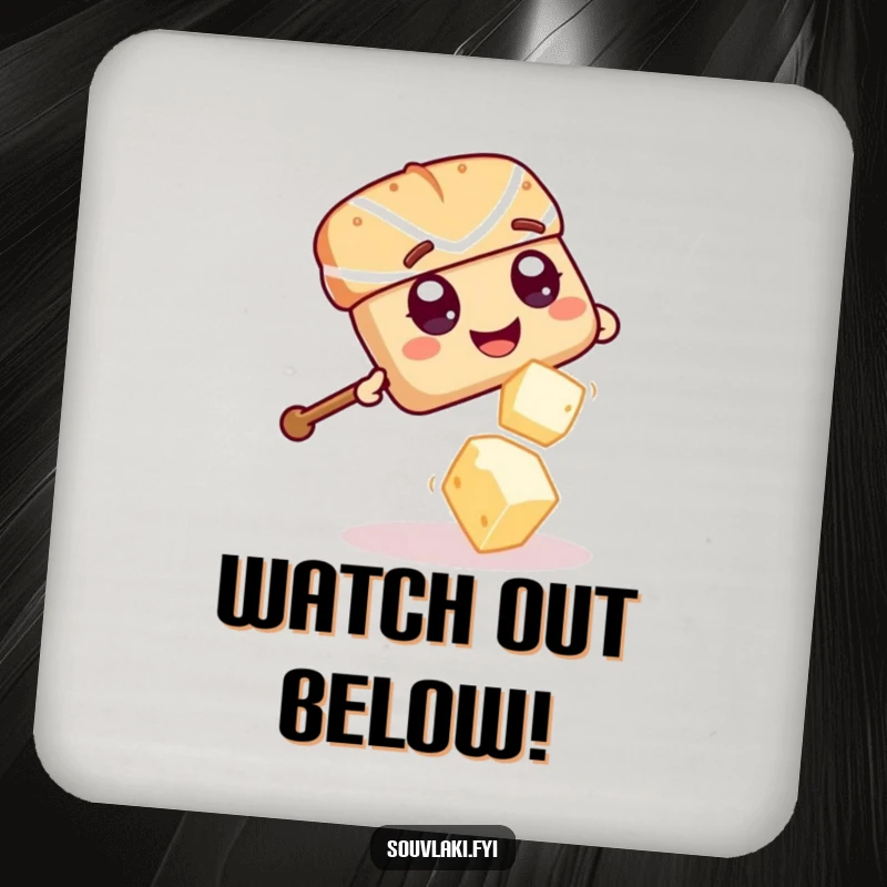 Funny Souvlaki Skewer Feta Dodge Coaster: A giggling souvlaki skewer playfully dodges a falling feta cheese cube.