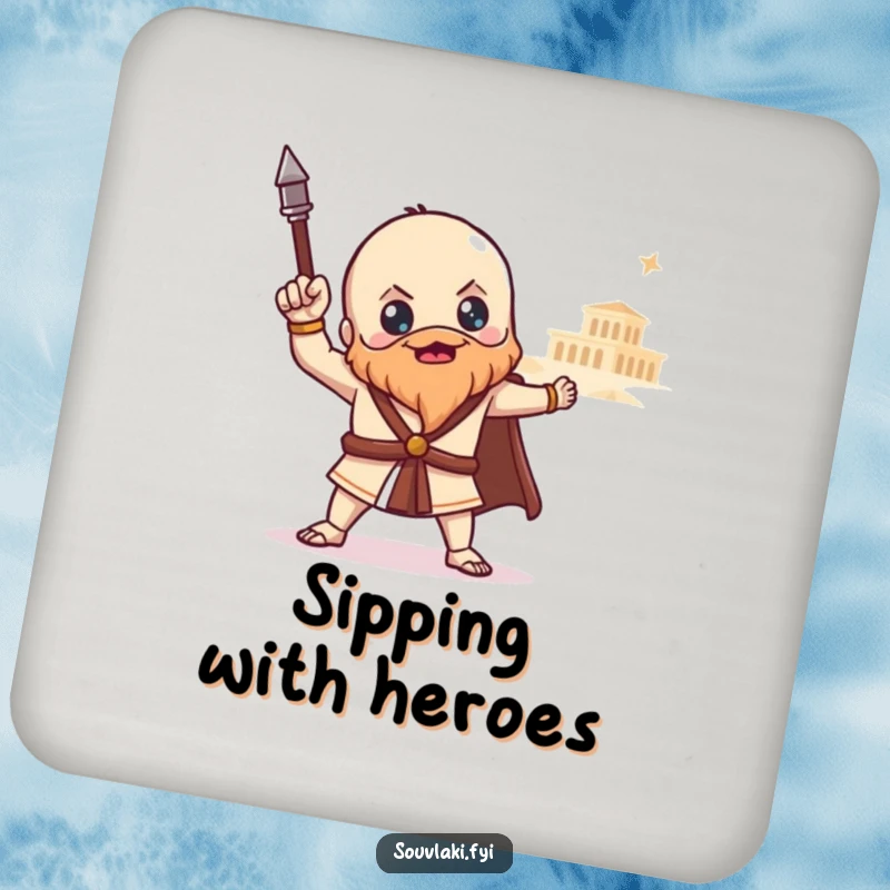 Funny souvlaki coaster with a proud Greek food character posing heroically with a distant temple, protecting surfaces with epic humor.