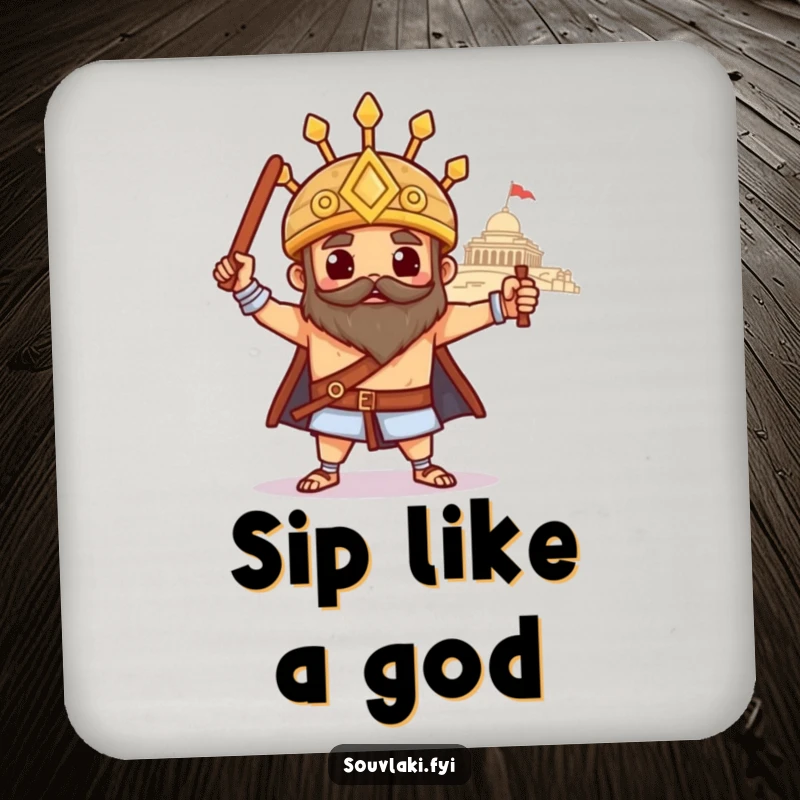 Funny souvlaki coaster, a proud Greek skewer poses heroically with a temple, protecting surfaces with epic charm.
