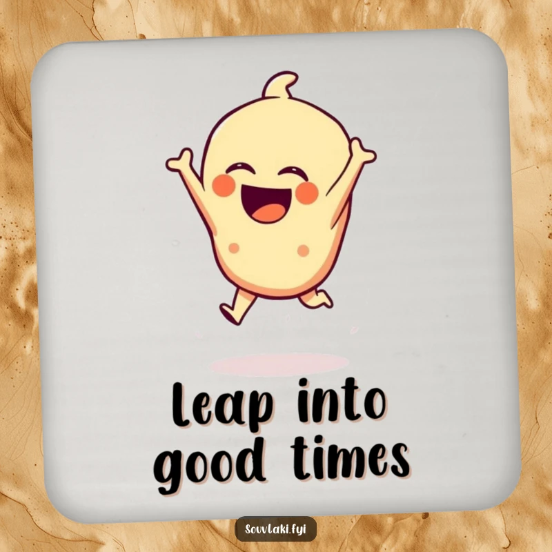 Funny Spanakopita Coaster: A laughing spanakopita character is shown mid-leap, adding a dynamic and humorous element to table protection.