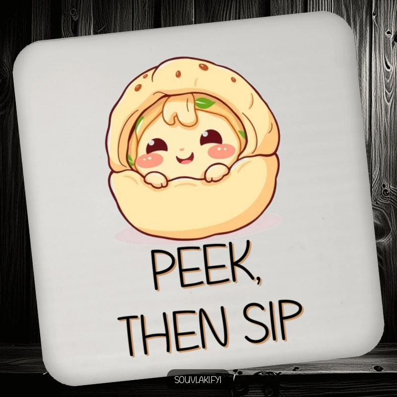 Funny Coasters: A giggling spanakopita character comically peeks from a puff pastry shell, adding a humorous touch to drinks.