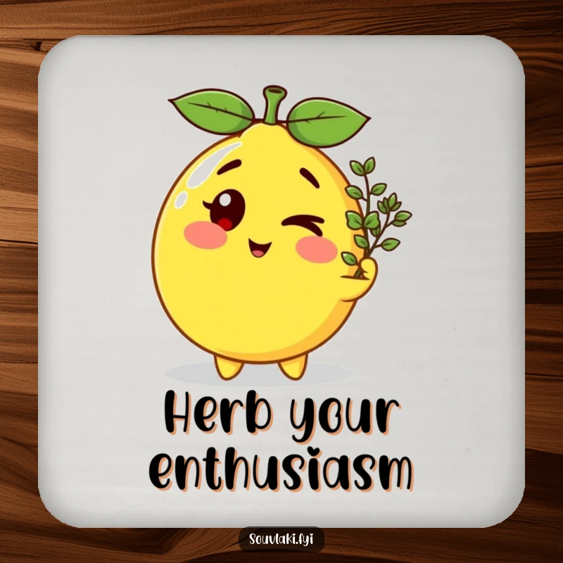 Funny winking lemon character offering a tiny oregano sprig, printed on a protective drink coaster.