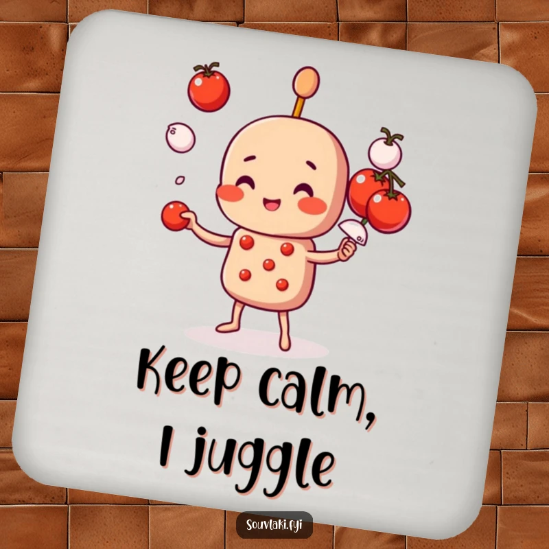 Funny Coaster: A souvlaki skewer juggles ingredients. Adds culinary fun to your table. Humorous.