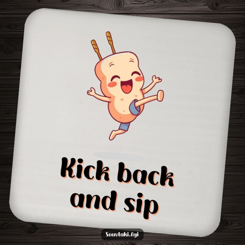 Funny souvlaki skewer character performing a high kick, protecting surfaces on coasters.
