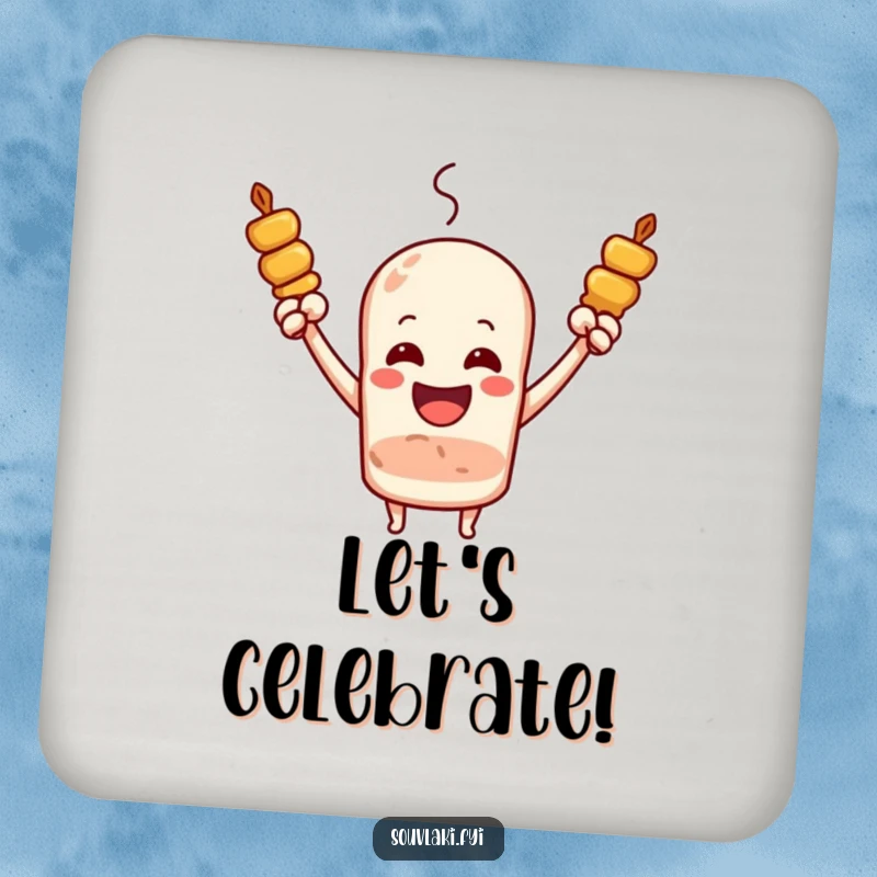 Funny Souvlaki Skewer Cheering Coaster: A joyous souvlaki skewer with arms raised cheers loudly.