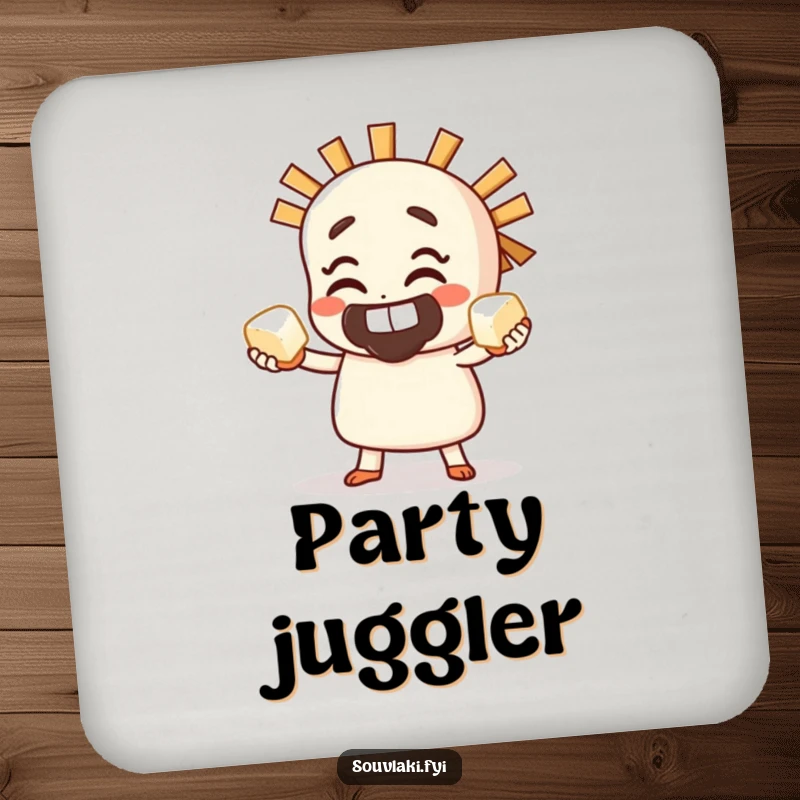 Funny Coaster featuring a grinning souvlaki character juggling small feta cubes, a testament to culinary dexterity.