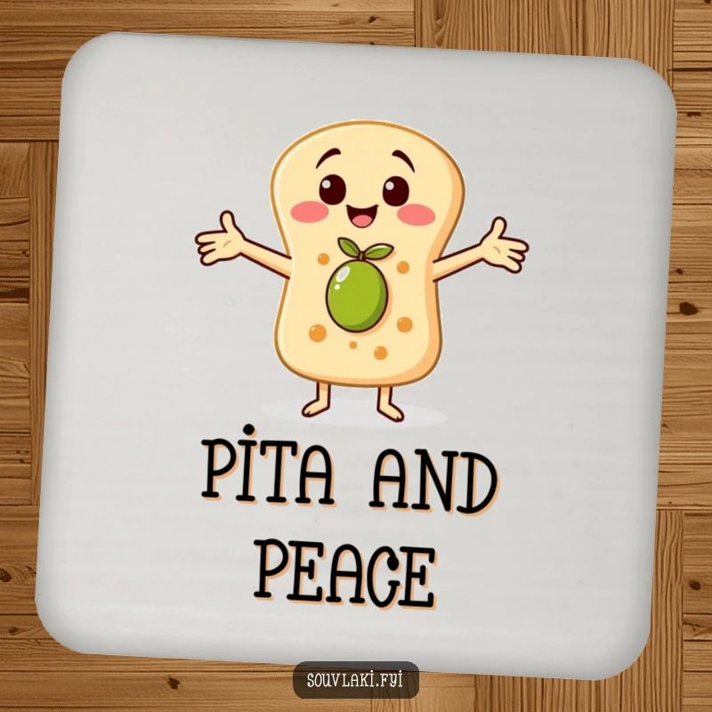 Funny drink coaster with a cheerful pita bread character embracing a tiny olive, protecting surfaces with heartwarming food humor.