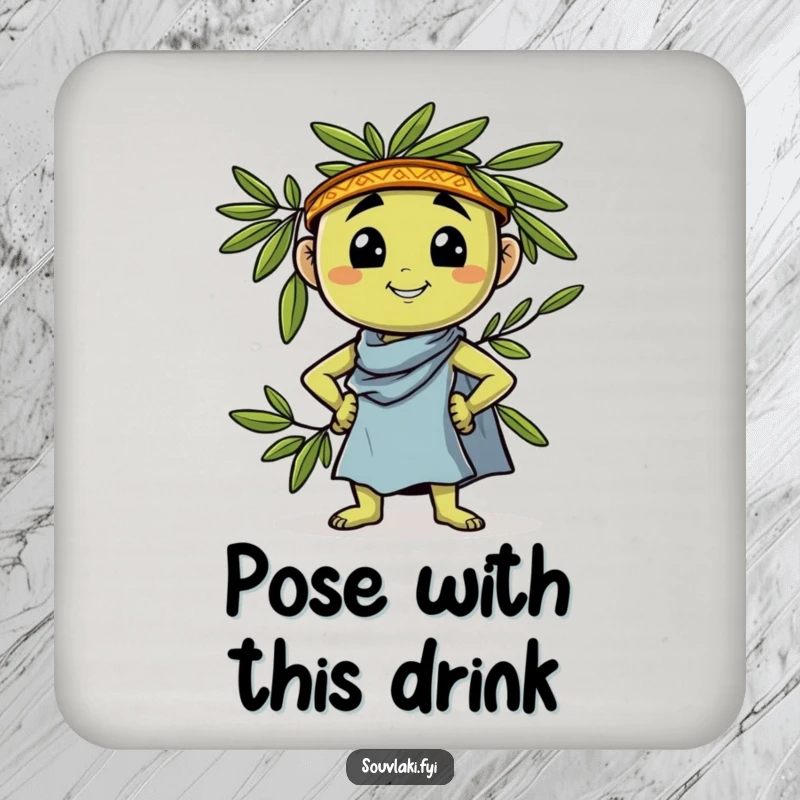 Funny Coasters: A proud olive character confidently leans and strikes a Greek pose, adding a humorous touch to drink service.