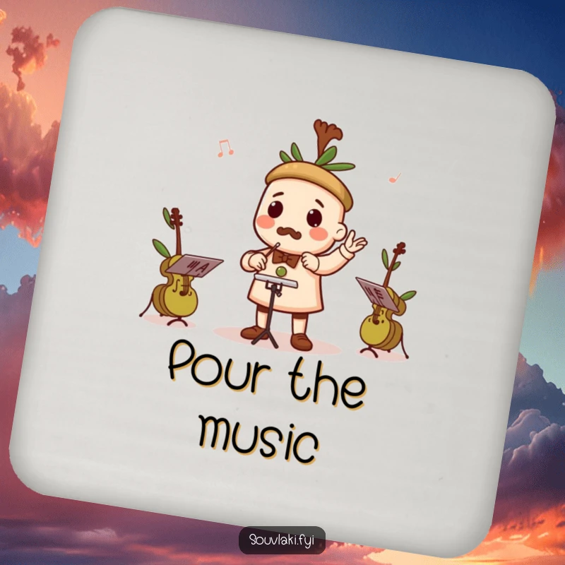 Funny drink coaster featuring a souvlaki character conducting a tiny orchestra of olives playing instruments.