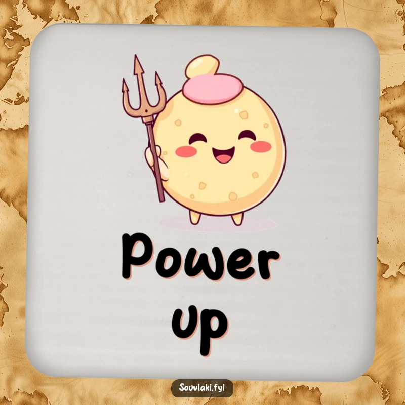 Funny Coaster showcasing a smiling, round fried pastry character holding a trident, a tiny god of beverages.