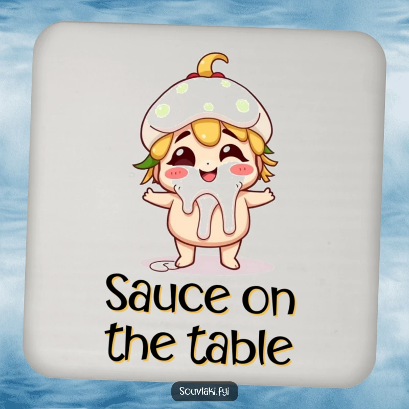 Funny giggling gyro character with playful tzatziki drips, protecting surfaces with charm.