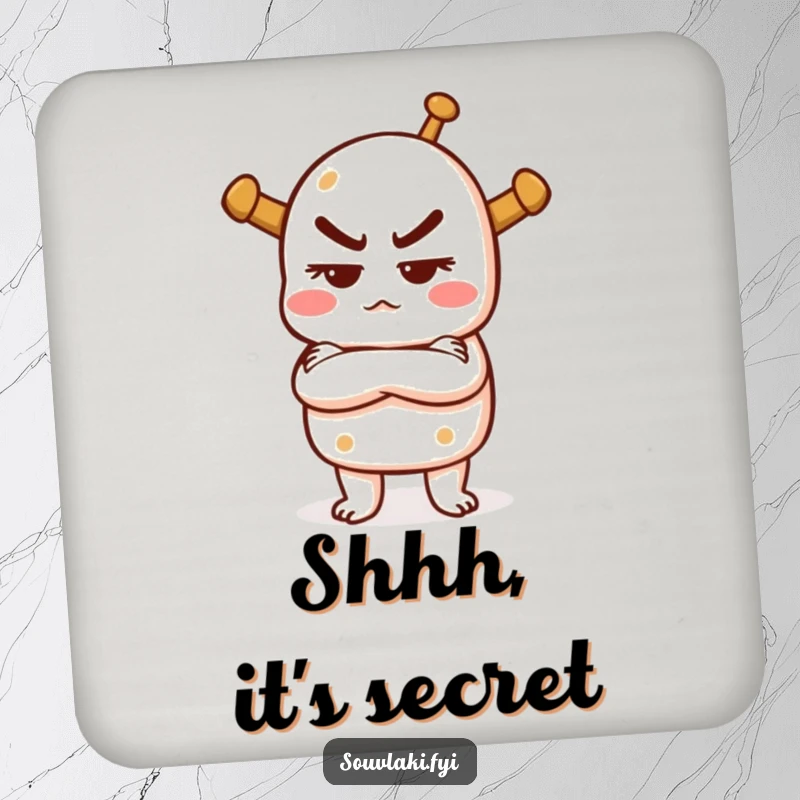 Funny drink coaster with a souvlaki character crossing arms, looking mischievous, adding a humorous and protective touch of sass.
