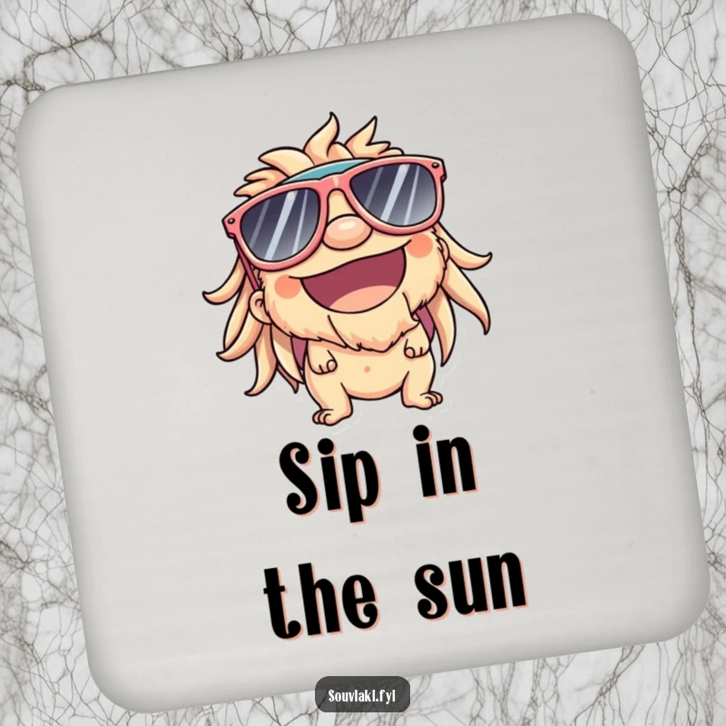 Funny Drink Coaster: Souvlaki character wearing sunglasses, smiling, comically protecting surfaces.