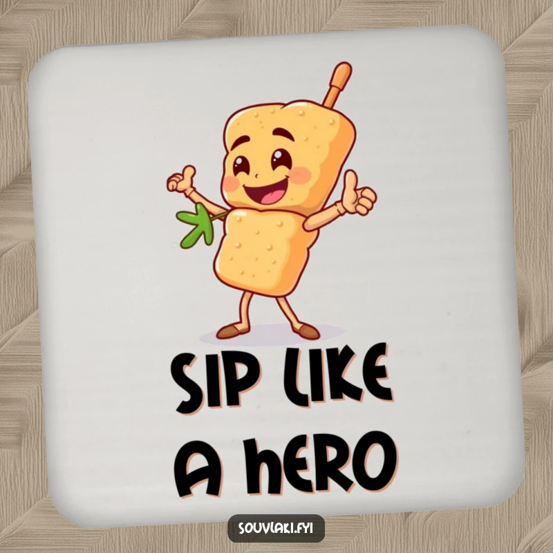 Funny souvlaki skewer coasters with a happy character striking a heroic pose, protecting surfaces with courage funny gift.