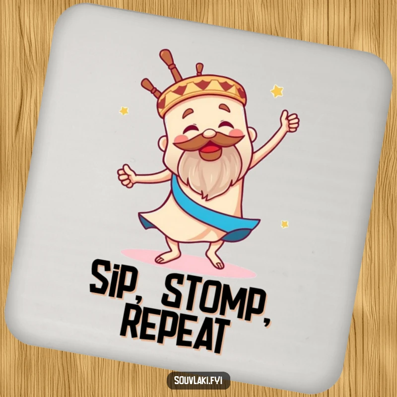 Funny drink coasters featuring a souvlaki dancing the sirtaki, adding humorous Greek flair and surface protection.