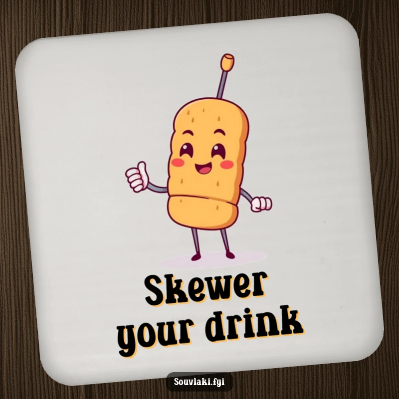 Funny proud souvlaki skewer character giving a cheerful nod, printed on a protective drink coaster.