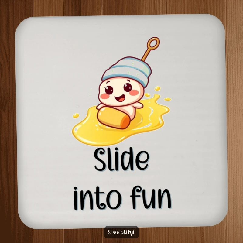 Funny souvlaki skewer character sliding on olive oil on a drink coaster, protecting surfaces humorously.