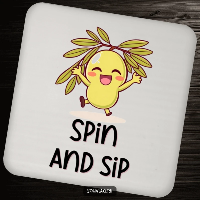Funny delighted olive character spinning, protecting surfaces on charming coasters.