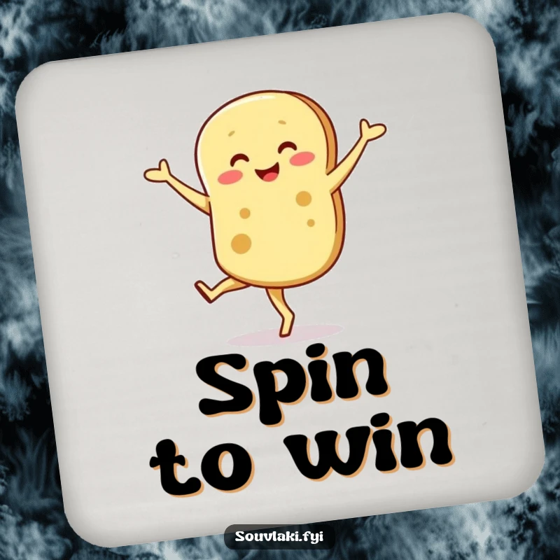 Funny drink coaster featuring a smiling pita bread character doing a hilariously wobbly pirouette.