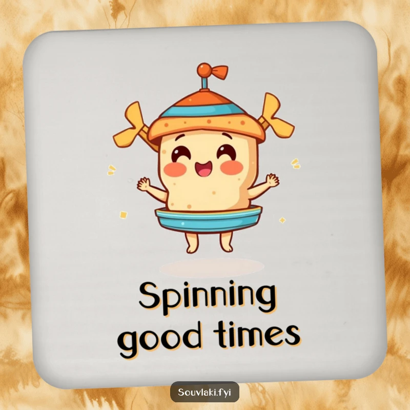 Funny drink coasters featuring a souvlaki perfecting a miniature gyros, adding humorous culinary flair and surface protection.