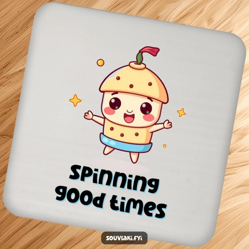 Funny Souvlaki Coasters featuring a souvlaki spinning a miniature gyros, adding humorous culinary flair to tabletops.
