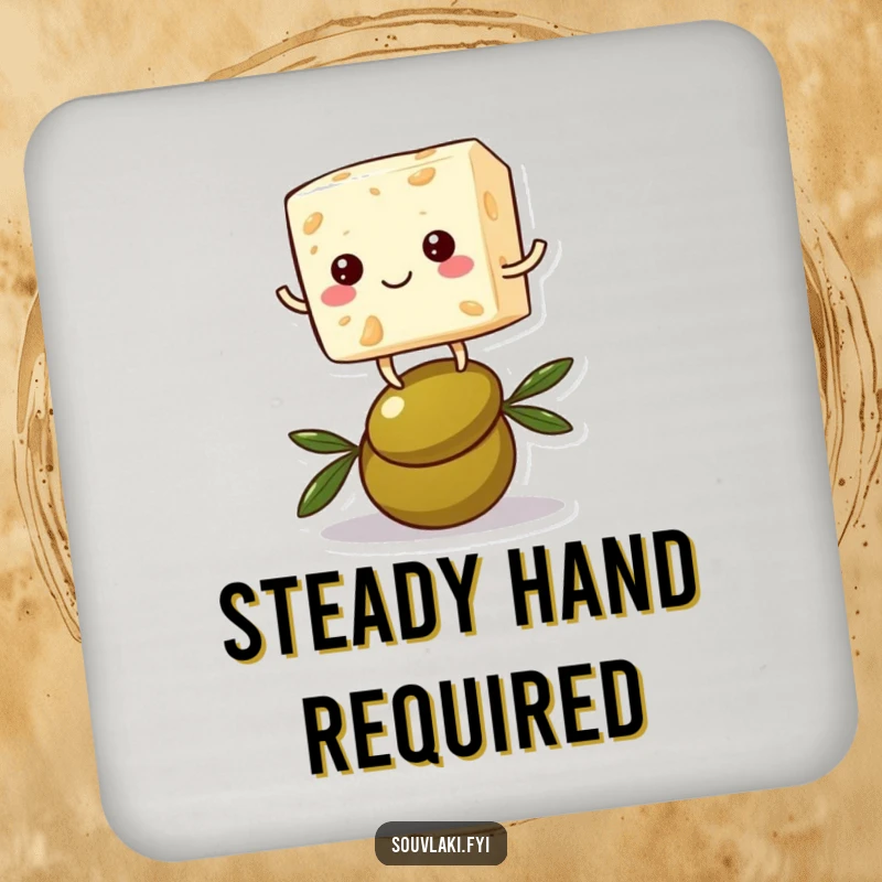 Funny feta cheese drink coaster showing a cheerful cube character hilariously balancing on an olive, bringing humor to beverages.