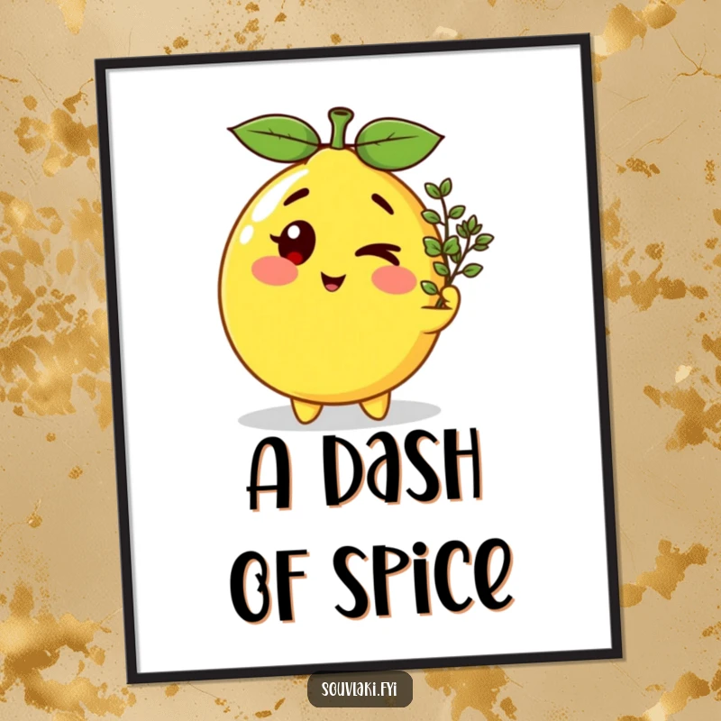 Funny winking lemon character offering a sprig of oregano, presented as a vibrant, humorous poster for wall art.