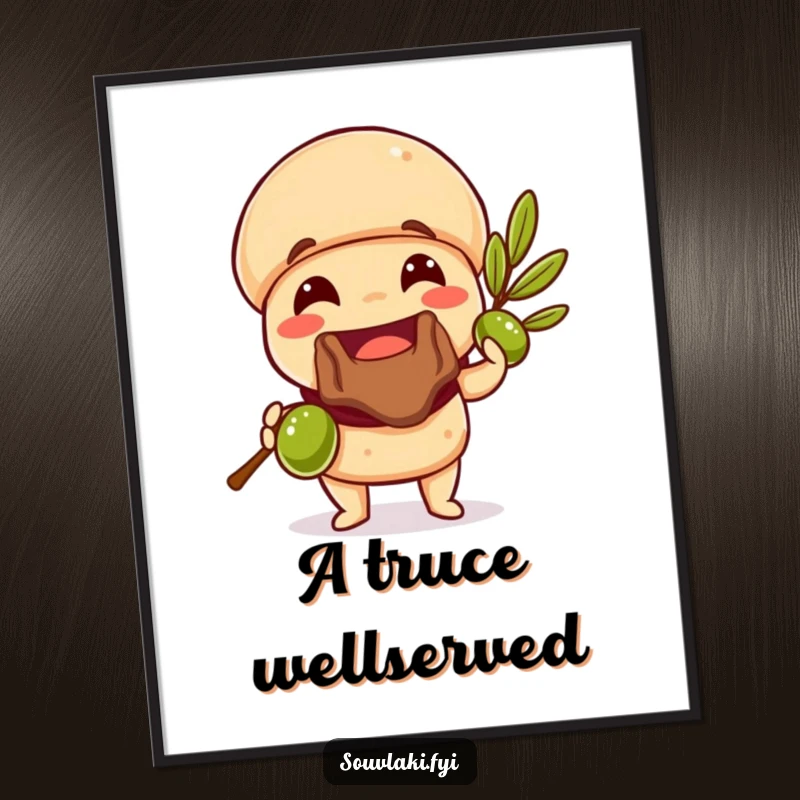 Funny Souvlaki Poster featuring a souvlaki offering an olive branch with a smile, adding humor and Greek charm to decor.