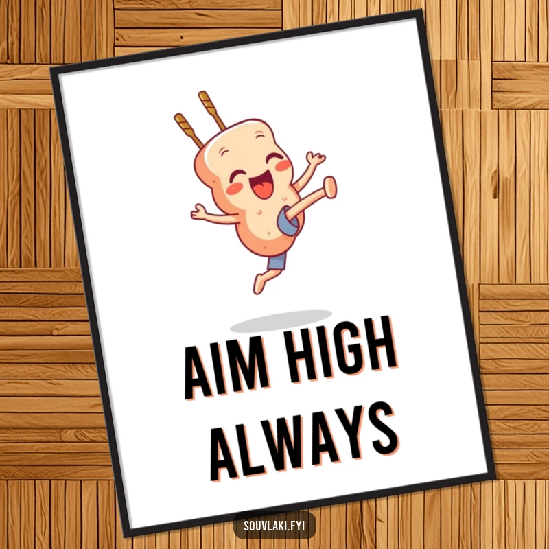 Funny souvlaki skewer character mid-high kick, a visually striking and humorous poster.