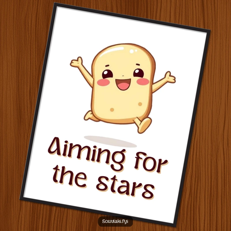 Funny pita bread poster featuring a smiling character in a joyful leap, a burst of uplifting art and cheerful humor.