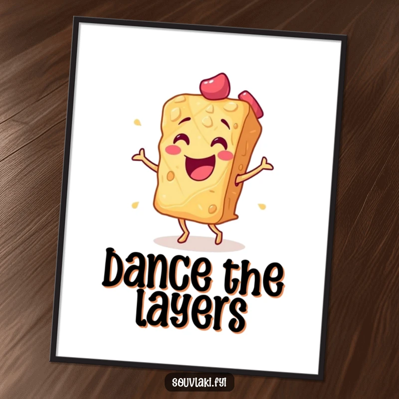 Funny baklava piece in a passionate flamenco pose on a poster, capturing its sweet energy. A vibrant and humorous art piece, ideal as a funny gift.