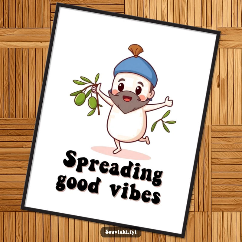 Funny Poster: Souvlaki character in a whimsical dance, spinning an olive branch with great enthusiasm.