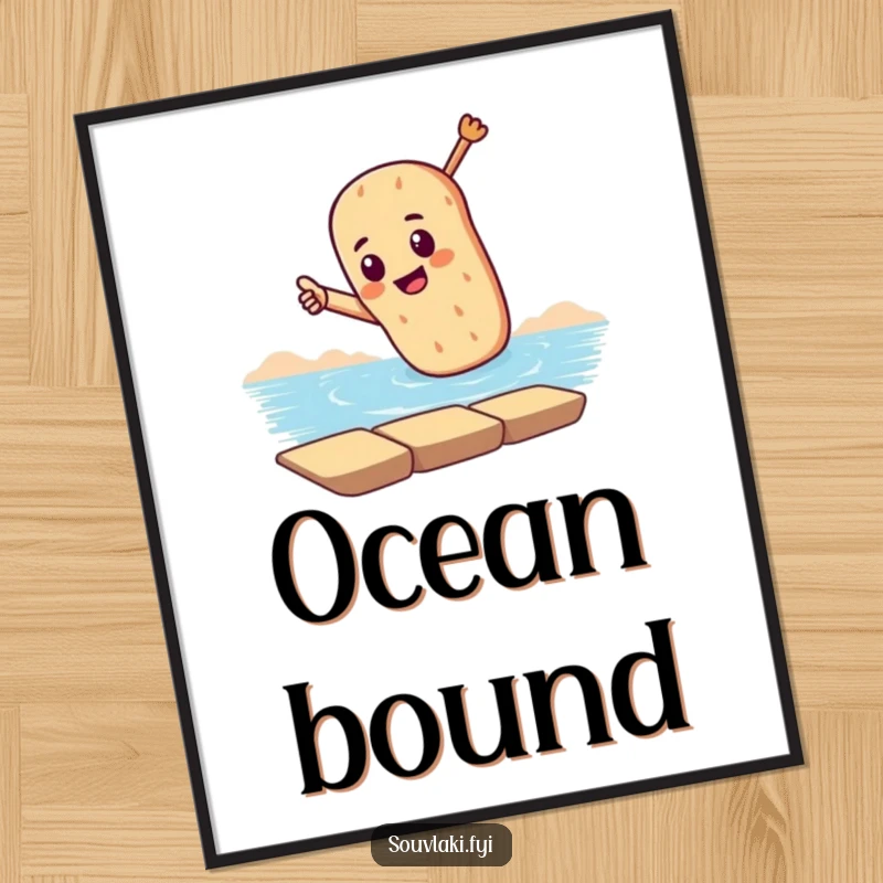 Funny poster art of a souvlaki dramatically pointing towards the sea, adding a humorous and adventurous theme to any room.