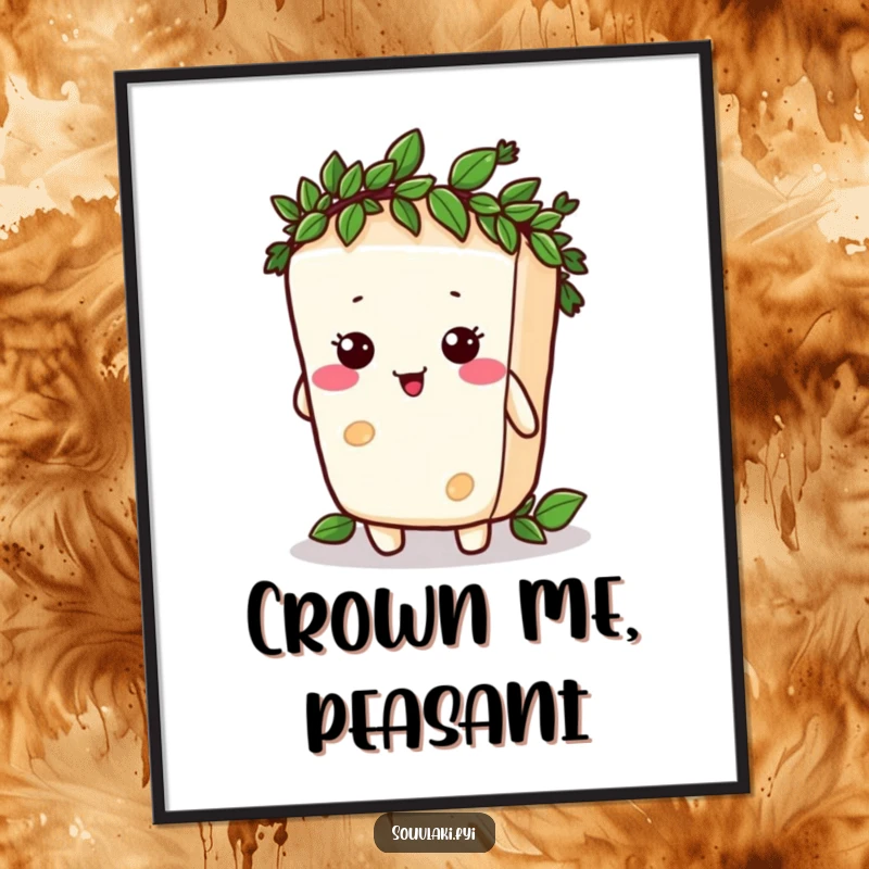 Funny silly feta cheese character comically trying to wear a tiny laurel wreath, presented as wall art.