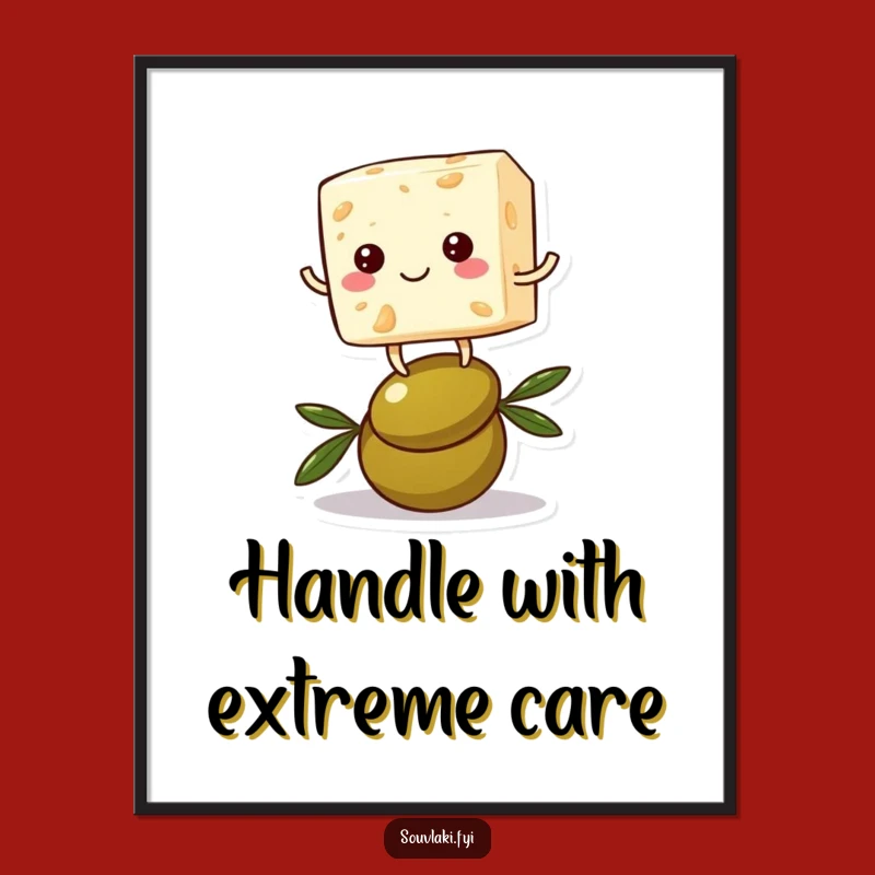 Funny Feta Cheese Poster: Balancing Character on Olive Art, Hilarious Decor!
